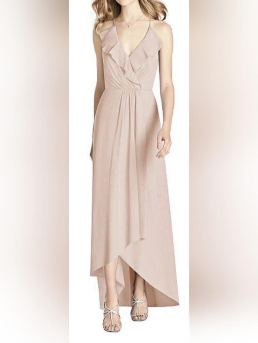 Jenny Packham JP1006 Ruffled Wrap Chiffon High-Low Maxi Dress In Cameo NWOT Sz 2